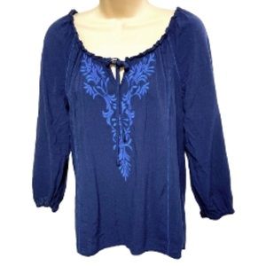 WET SEAL Embroidered Tunic Neck Ties Long Sleeve Navy & Light Blue Large NEW